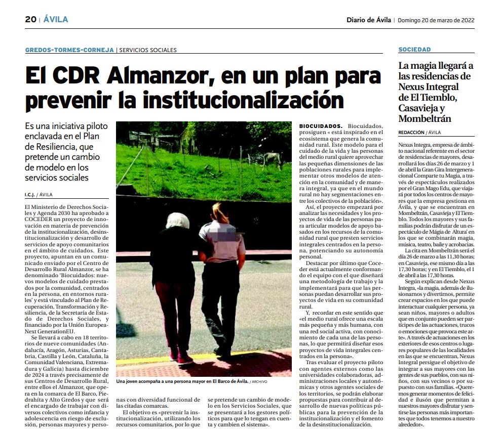 Recorte de periodico Diario de Avila, el CDR Almanzor en un plan para prevenir la institucionalización